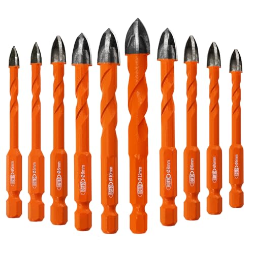 BGTEC Masonry Drill Bits, 10pcs 5MM*2+6MM*4+8MM*2+10MM+12MM Tungsten Carbide Tip Tile Drill Bit Set