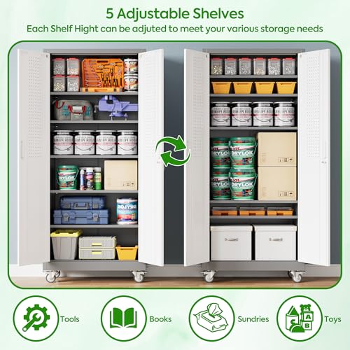 Image of Aobabo Upgraded Garage Storage Cabinets with Wheels,Metal Storage Cabinets with 5 Adjustable Shelves for Garage Home Office Storage, Grey&White,71''H*32''W*16''D,Assembly Required