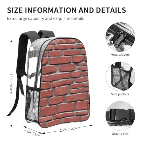 Brick Red Stone Print Work Travel Stadium Events Transparent Backpack PVC Clear Bag Large Side Pockets4