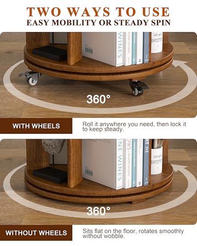 Image of IUNVR 6 Tier Rotating Bookshelf Tower Spinning Bookshelf with Swivel Wheels Book Shelf Rotating Storage Tower for Kids Adult, Narrow Solid Wood Revolving Bookcase Organizer for Bedroom Living Room