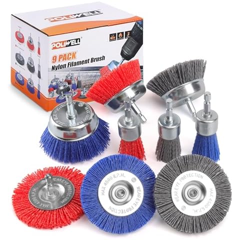 POLIWELL Nylon Filament Brush 9 Pack, Abrasive Wire Brush Wheel & Cup Brush Set, Drill Bit Sanding Brush with 1/4” Hex Shank for Steel Rust Removing, Grill Cleaning, Flaking Paint Refinishing Cover