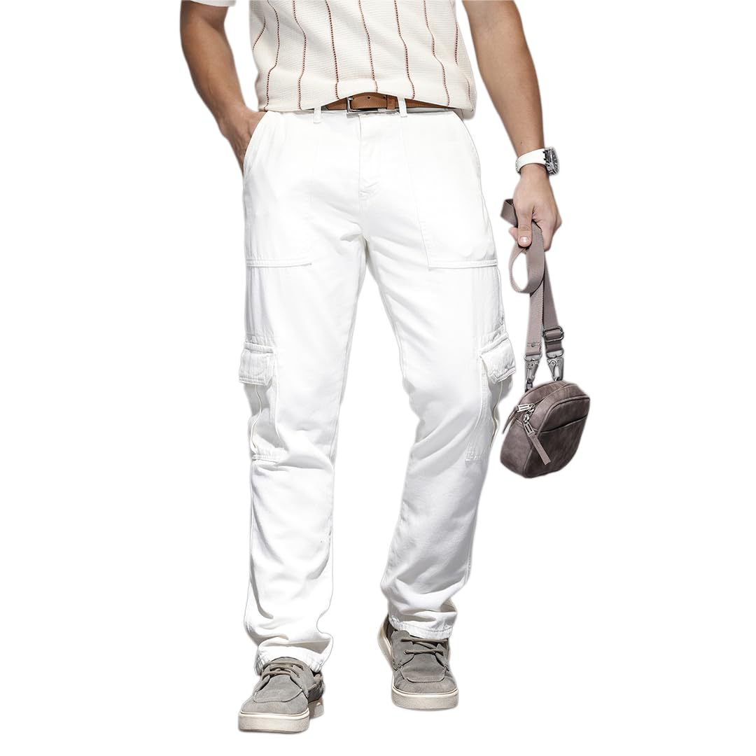 wrogn Men's Straight Fit Cargo Trousers | Off White-picture-12