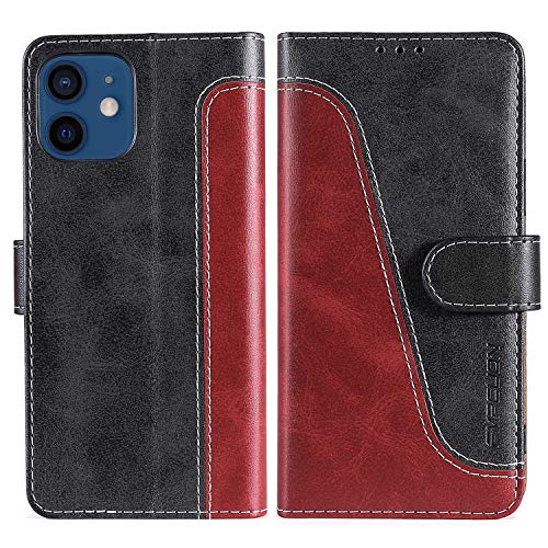 FMPCUON Handyhülle für iPhone 12/iPhone 12 Pro Hülle Leder,Premium Klapphülle Handytasche Flip Case Handy Hüllen Schutzhülle für Apple iPhone 12/iPhone 12 Pro,Rot/Schwarz
