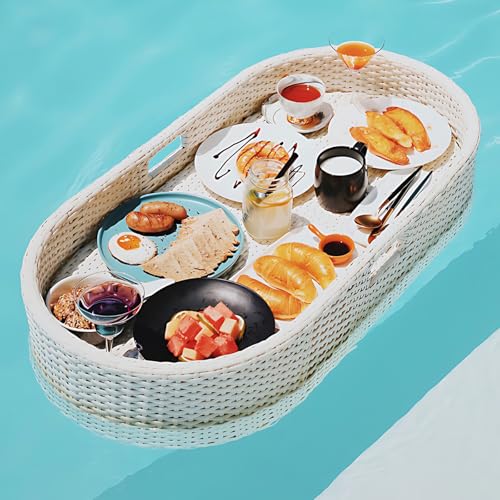 Bandeja flotante de ratán para desayuno, bandeja de servicio de piscina de lujo para bebidas y brunch, mesa flotante blanca para relajación y entretenimiento junto a la piscina