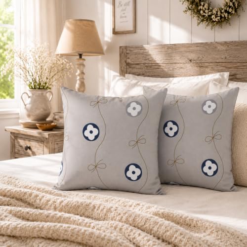 Image of Clasiko 16x16 Cushion Covers - Set of 5 Soft Cotton-Feel Decorative Pillow Covers | Ribbon Blossom, Flap Closure, Perfect for Sofa & Living Room
