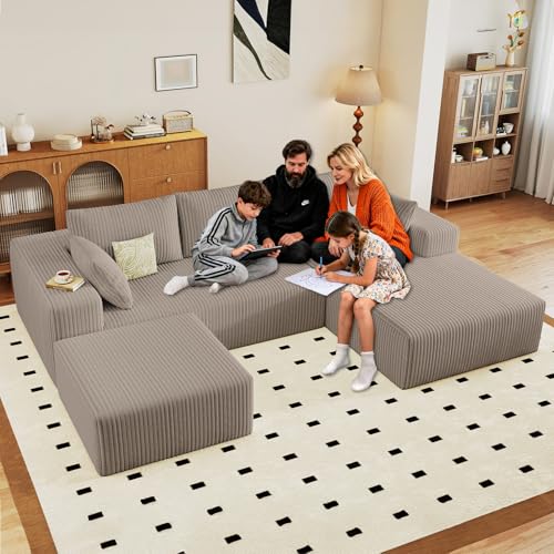 Image of 96 inch W Cloud Sectional Couch with Ottoman,Modern U-Shaped Cloud Couch with Deep Seat,Comfy Corduroy Sofa,Memory Foam Sofa for Living Room,No Assembly (Camel,Right-Facing Chaise)