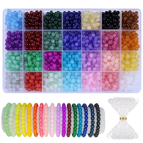 FIDFDID Paquete de 1400 cuentas de cristal coloridas de 6 mm para manualidades, cuentas redondas de cristal para hacer pulseras y joyas, cuentas coloridas para manualidades, 28 colores (6 mm)