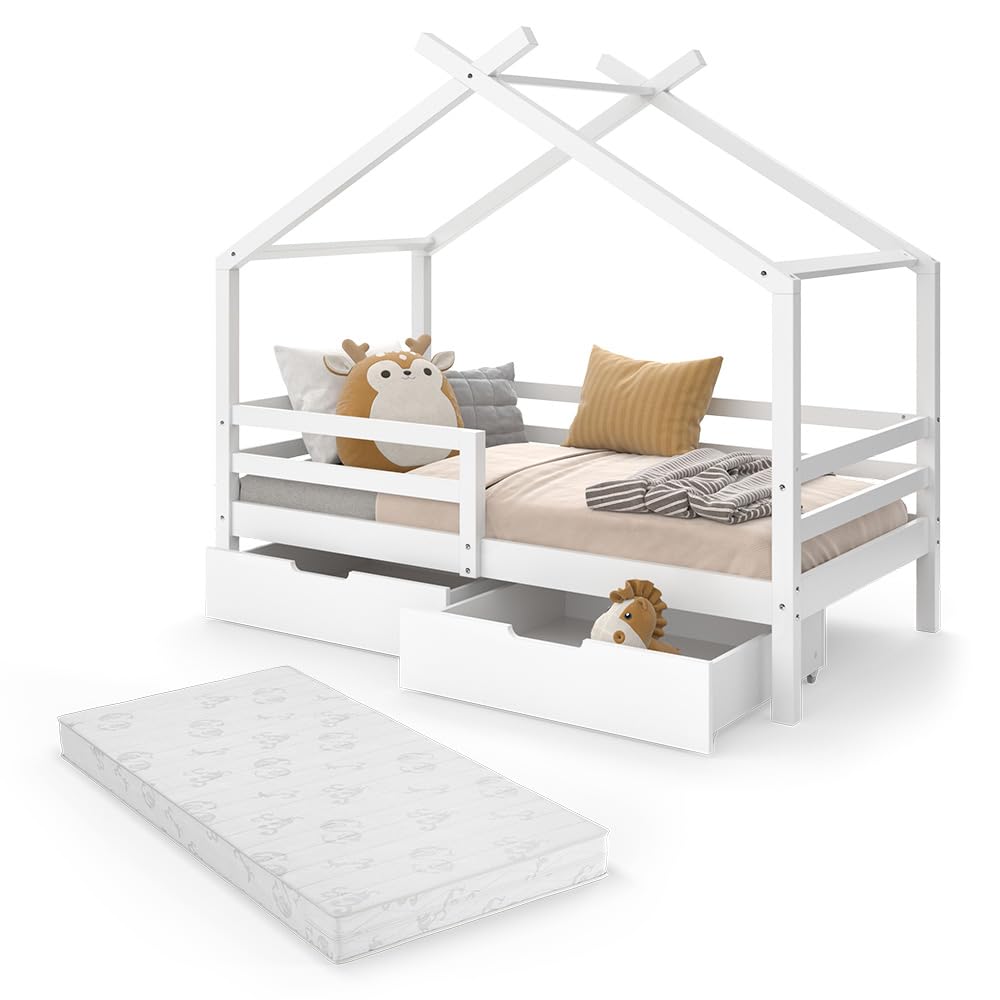 VitaliSpa Letto montessori bambini Luni, Bianco, 160 x 80 cm con box e materasso, come una piccola casa per un'atmosfera calda