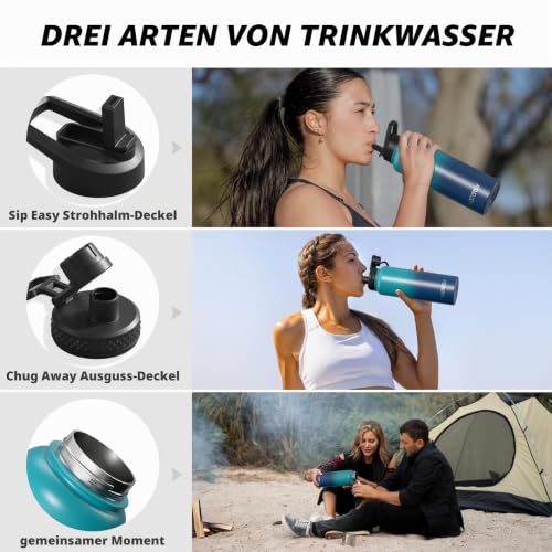 WATERSY Isolierte Edelstahl Thermosflasche 40oz Vakuumisolierte Trinkflasche mit 2 Deckel Auslaufsichere Wasserflasche 1200 ml Doppelwand… – Ansicht 6