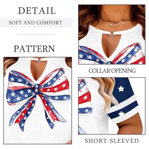 Image of Ithalt Plus Size American Flag Shirt Women Bow T Shirt 4th of July Shirts USA Patriotic V Neck Tees for Independence Day
