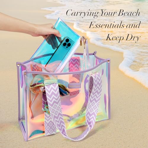 F-color Iridesent Beach Bag for Women - Waterproof Beach Tote Clear Pool Bag with Phone Pouch for Cruise Vacation Essentials3