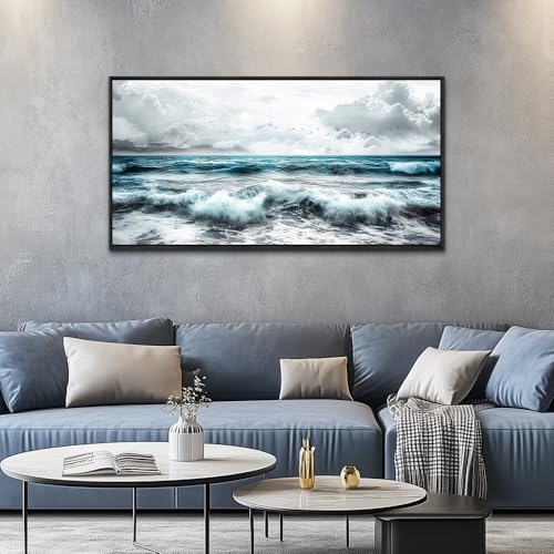 ERQINHUA Black And White Beach Canvas Wall Art For Living Room Wall Decoration For Bedroom Office Wall Decor Blue Sea Wave Printing Pictures Artwork Home Decor Painting Black Framed 24x48 In