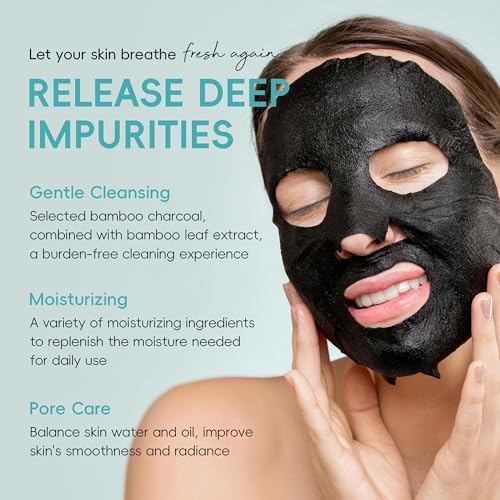 Image of 3 Pack Charcoal Purifying Sheet Mask, Deep Purifying Pore, Hydrating, Gentle Care Skin, Rejuvenating Clarity Collagen Essence Facial Mask with Charcoal Extract & Hyaluronic Acid for Women