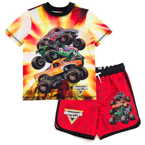 Monster Jam Grave Digger El Toro Loco ThunderROARus Little Boys UPF 50+ Rash Guard & Swim Trunks Outfit Set Orange/Red 6