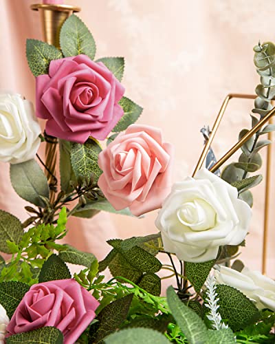 DuHouse 25Pcs Artificial Roses Flowers Fake Rose with Stems Real Touch Foam Flower Head for DIY Wedding Bridal Bouquet Baby Shower Centerpiece Floral Arrangement Party Home Decor(Peach) - Image 3