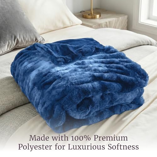Image of Lavish Home Oversized Ruched Faux Fur Blanket - 60x80-Inch Plush Polyester Faux Fur Queen-Size Throw for Sofas and Beds - Luxurious Bedding (Blue)