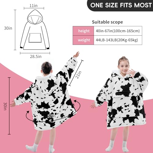 yescool Wearable Blanket Hoodie Kids, Oversized Blanket Sweatshirt with Sherpa Teen Girl Gifts for Kids, Youth, Boys, Girls, 8-15 Year Old Girl Boy Gift Warm Teen Wearable Blankets, One Size, Cow