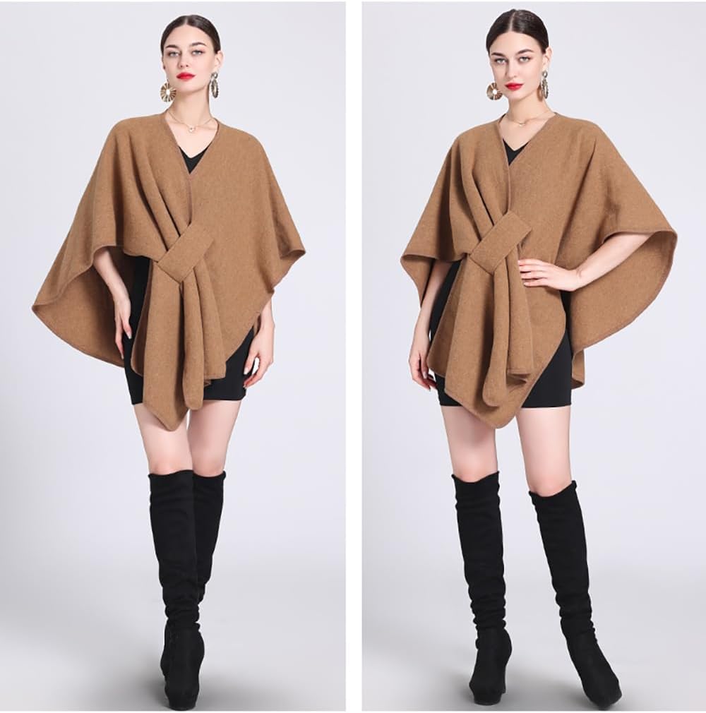 Women's Open Front Cardigan Shawls Elegant Solid Color Poncho Ruana Cape Plus Size Knit Wraps for Fall Winter - Image 5