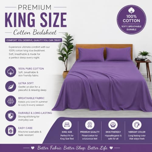 Image of Purple King Size Cotton Bedsheet with 2 Pillow Covers | 100% Cotton Bed Sheet | Soft, Breathable & Skin Friendly | Fade Resistant | Premium Bedding for King Bed