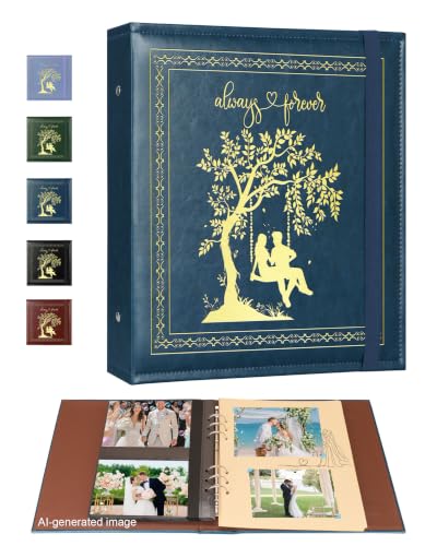Vintage Leather Scrapbook Album for Couples - 4x6 Photo Album Holds 100 Photos with 20 Writing Pages Personalized Memory Book Gift for Wedding Anniversary Travelling Family Keepsake (Blue)