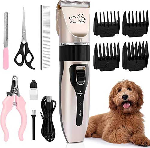 Image of NEWKIBOU Electric Clipper for Dogs and Cats, 4-in-1 Pet Grooming Kit with 4 Combs (3-6-9-12mm), Low Noise, Cordless and Rechargeable, 120 Min Runtime, Titanium Ceramic Blade