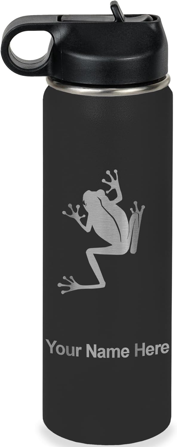 LaserGram Personalized Water Bottle, Tree Frog, Stainless Steel Double Wall Vacuum Insulated with Flip Top Straw, Custom Engraved Gift (20oz / 590ml Black)