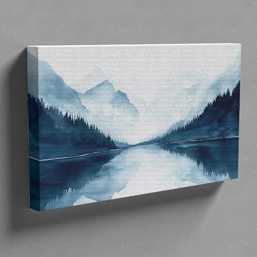 Image of Indianara Mountain Lake Landscape Canvas Art Painting, Blue, 45.72 cm x 68.58 cm, for Living Room, Bedroom, Office