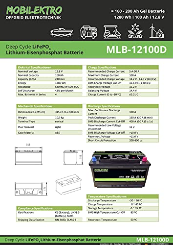 MOBILEKTRO® LiFePO4 100Ah 12V 1280Wh Lithium Versorgungsbatterie mit BMS,-30 °C- EQ 160Ah - 200Ah AGM oder Gel… – Bild 4