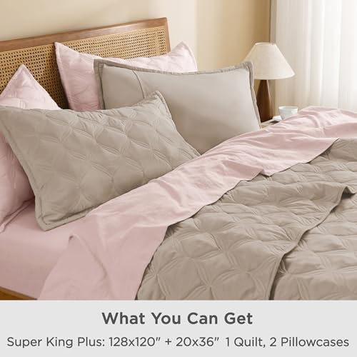Image of Litanika Oversized King Quilt Bedding Set, 128x120 Inch Super King Light Coffee Comforter Bedspreads Lightweight Bed Coverlets Boho Bedding Cover Decor All Season,3 Pieces (1 Quilt, 2 Pillowcases)