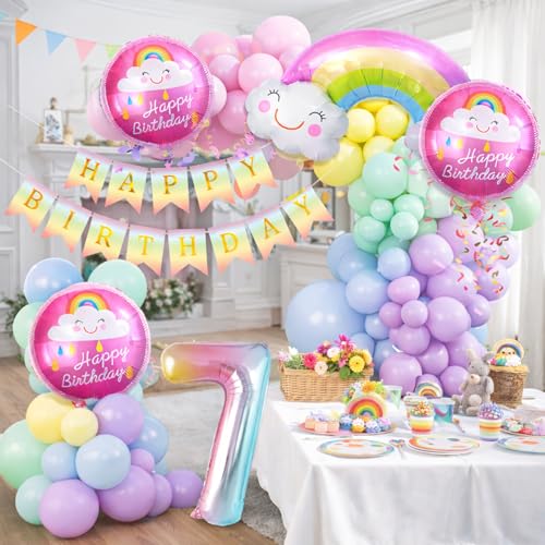 Image of Set of 59 Pcs 7th Birthday Decoration Kit with Number 7 Foil Balloon, Rainbow Foil Balloon, Happy Birthday Banner, Round Foil Balloons and Pastel Latex Balloons for Party Decoration
