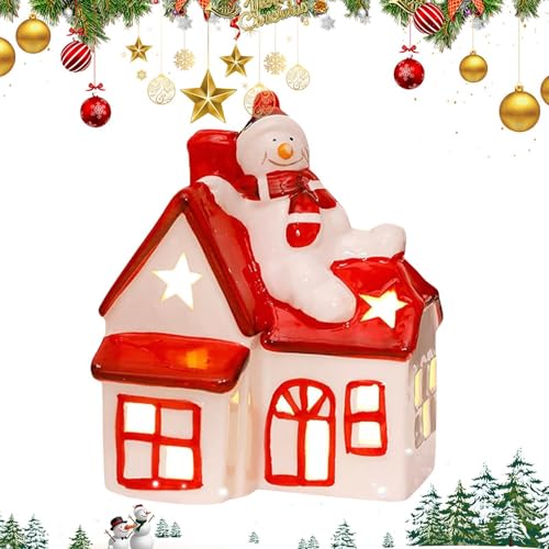 Casas de pueblo de Navidad iluminadas, adorno de casa de jengibre iluminado, figura de casa de vacaciones que funciona con pilas, casas de cerámica de Navidad con luces, casas de pueblo de Navidad LED