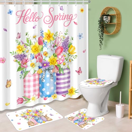 Tiamon 4 Pcs Spring Curtain Sets Flowers Bathroom Set Include 71x72in Hello Spring Shower Curtain with Hooks Rabbit Butterfly Non-Slip Bath Rug Toilet Mat Toilet Lid Cover for Bathroom Decor Supplies