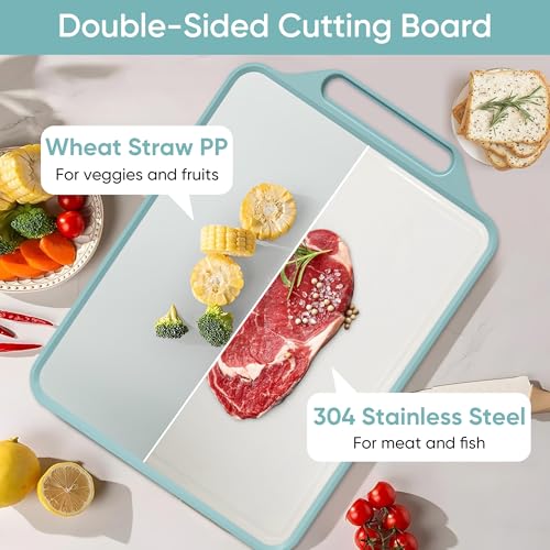 Double Sided Cutting Board, BOYUNSHI 304 Stainless Steel & Wheat Straw PP Chopping Boards with Handle, Non Slip Chopping Board for Kitchen Meat Fruit and Vegetables, Easy to Clean, 15.5” * 11.8” - Image 5