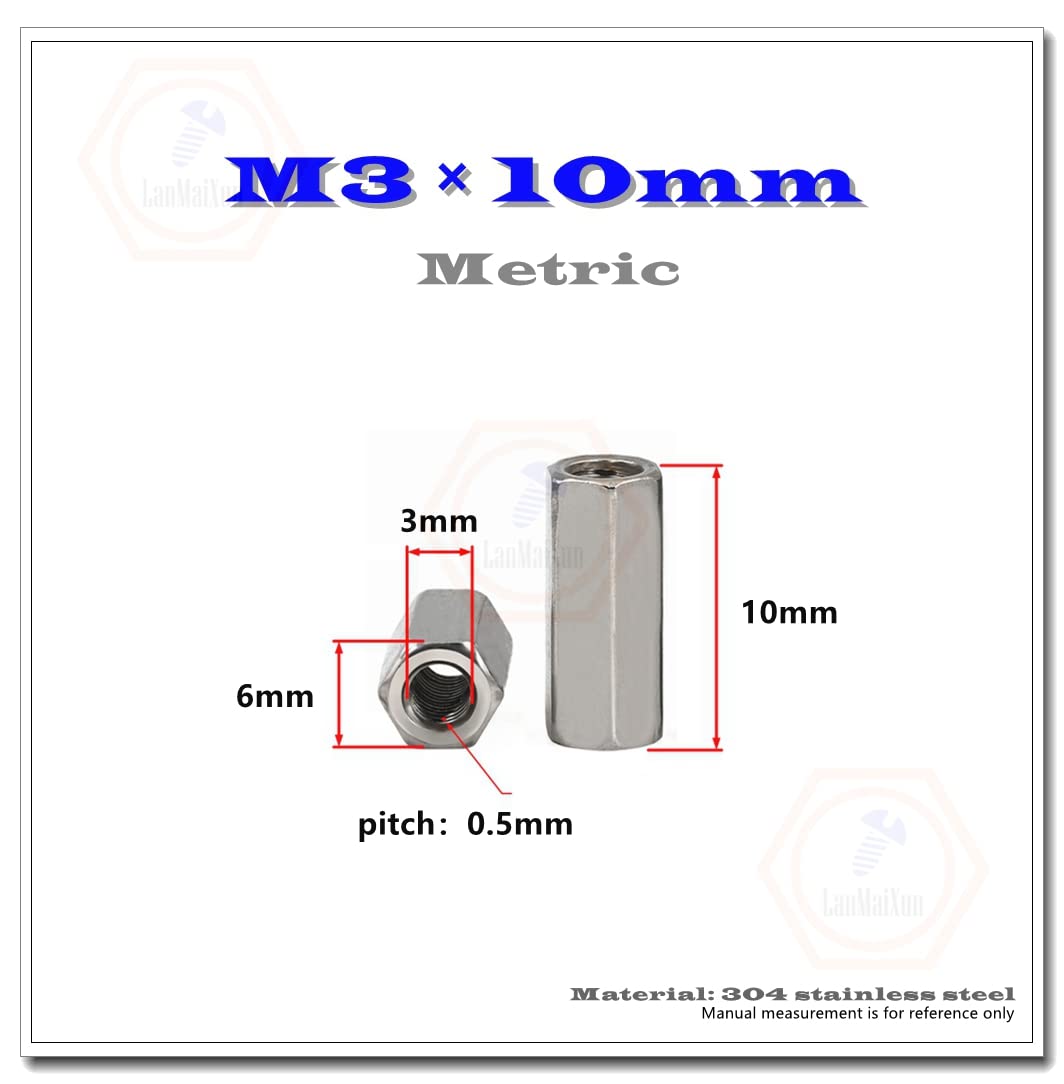 20pcs M3×10mm-0.5 304 Stainless Steel Hexagonal Extension nut, Screw Thread bar Connection Female
