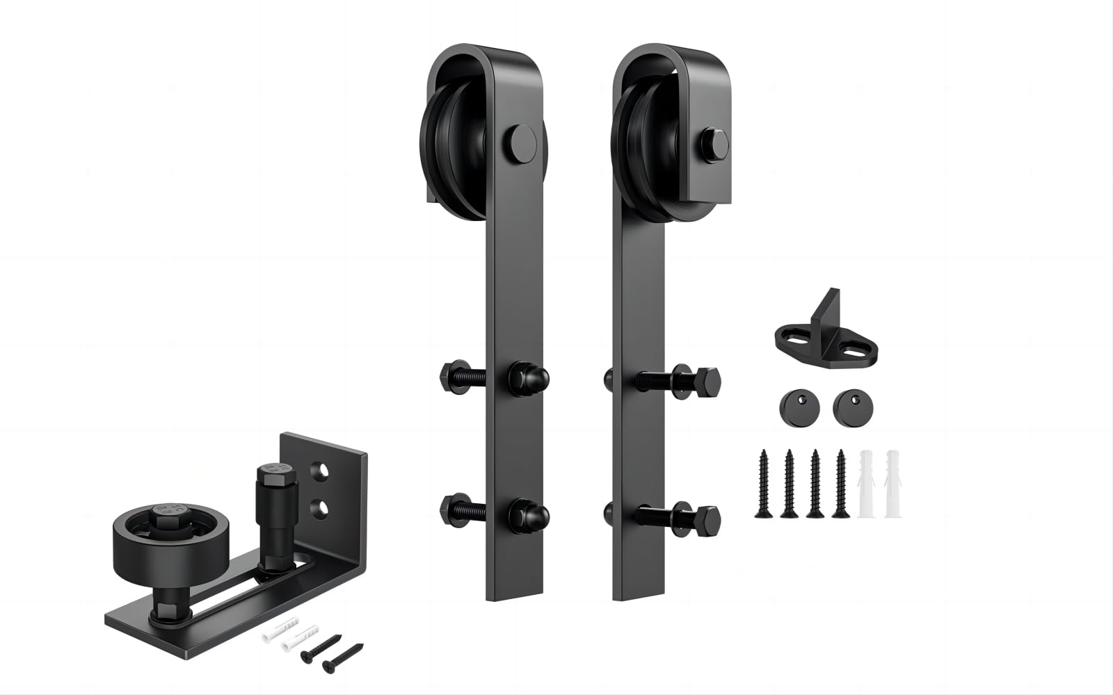 Sliding Barn Door Hardware Rollers Hangers and Adjuestable Floor Guide for All Barn Doors- Fit 1 3/8-1 3/4" Thickness Door Panel (J-Shape Hangers 2pcs & 8 in 1 Floor Guide)