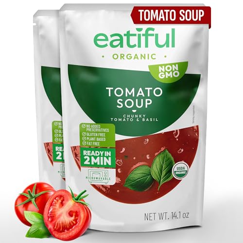 Image of EATIFUL Organic Tomato Soup, Ready To Eat Vegan Plant Based Creamy Tomatoes Soup, No Added Preservatives, Gluten Free, NON GMO, 14.1 Ounce (Pack of 2)