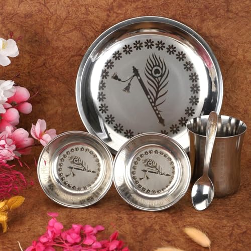 Image of Stainless Steel Laddu Gopal Bhog Thali Set of 5 - for Pooja | Hindu Puja Prasad Plate | Durable Silver Finish | Ideal for Home Temple & Festive Use | Krishna Flute & Peacock Design