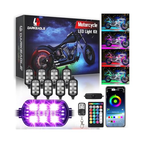 LD DARKEAGLE 8PCS Motorcycle RGB LED Accent Lights with APP & RF Remote Waterproof Frame & Engine Underglow Pods with Brake Turn Signal 12V for Harley Cruiser Street Sport Bike Dirt Bike
