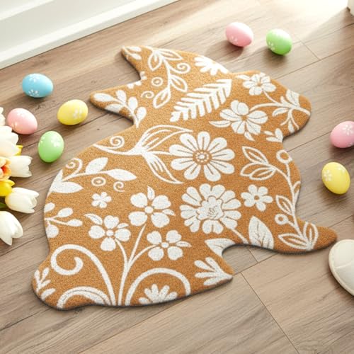 Ceenna Easter Bunny Coir Doormat Easter Welcome Door Mat for Front Door 25.5 x 27.5 Inches Bunny Flower Mat for Front Porch Entryway Entrance Non Slip Rabbit Carpet for Easter Spring Home Decor