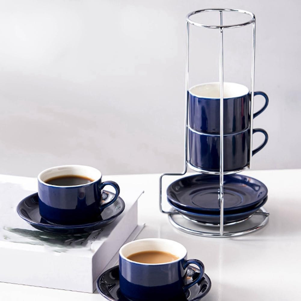 Tazas de Capuchino Apilables de Porcelana con Platillos y Soporte de Metal, Tazas de Espresso para Café con Leche, Café de Especialidad A