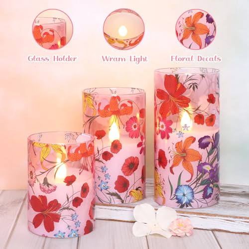 Image of Pink Glass Flameless Candles with Remote Boho Wildflower Flickering LED Pillar Candle Real Wax Battery Operated Candle Summer Decor for Home Party Valentine's Day Romantic Night, 3 Pack