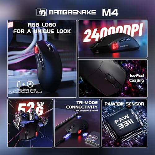 Image of ATTACK SHARK x MAMBASNAKE M4 Wireless Gaming Mouse, 24000 Adjustable DPI PAW3311 Optical Sensor, Programmed Buttons, 52g Lightweight Ergonomic Computer Mice 2.4G /BT /USB-C for PC /Mac-Black