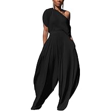 WOKANSE Womens 2 Piece Outfits Solid Short Sleeve Off One Shoulder Pullover Top and Loose Harem Pants Set Tracksuits