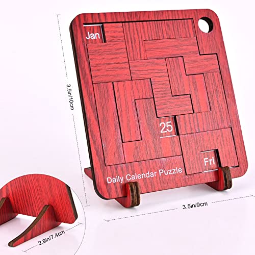 Image of Wooden Daily Puzzle Calendar - 365 Days Brain Burning Jigsaw Puzzle Desk Calendar for 2023 Advent Everyday Logic Challenges Fun Games (S-3.54 * 3.93 in, Red)