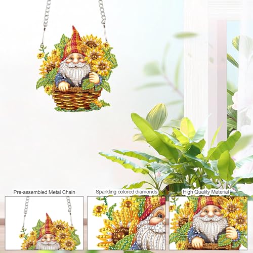 Image of AiYuanzsh Gnome Diamond Art Hanging Kits for Adults, Sunflower Diamond Painting Hanging Ornament, 5D DIY Diamond Art Suncatchers Kit for Home Decor, Window, Gift & Pendant