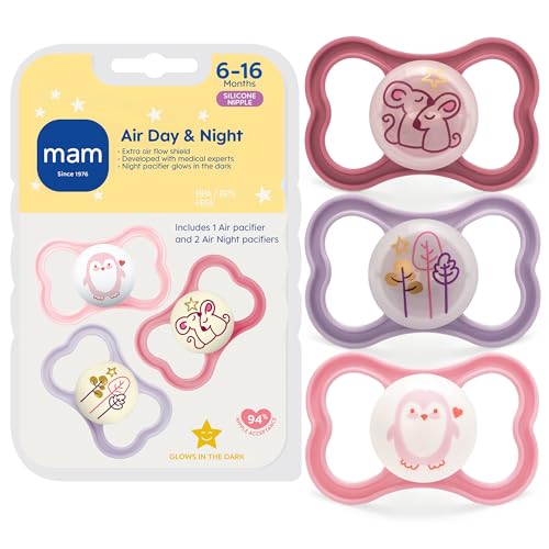 Image of MAM Air Pacifier for Babies 6-16 Months, Extra Air Flow for Sensitive Skin, Glows in The Dark, Developed with Medical Experts, BPA-Free Skin Soft Silicone, 3 Count, Made in Europe