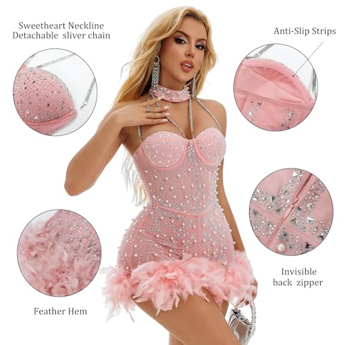 Sexy Feather Rhinestone Backless Mesh Sheer Burlesque Outfit Nightout Clubwear Birthday Party Dress4