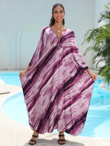 Image of IMAGEKOPE Women's Plus Size Animal Print V-Neck Batwing Kaftan Beach Dress Bathing Suit Cover-Up Loungewear