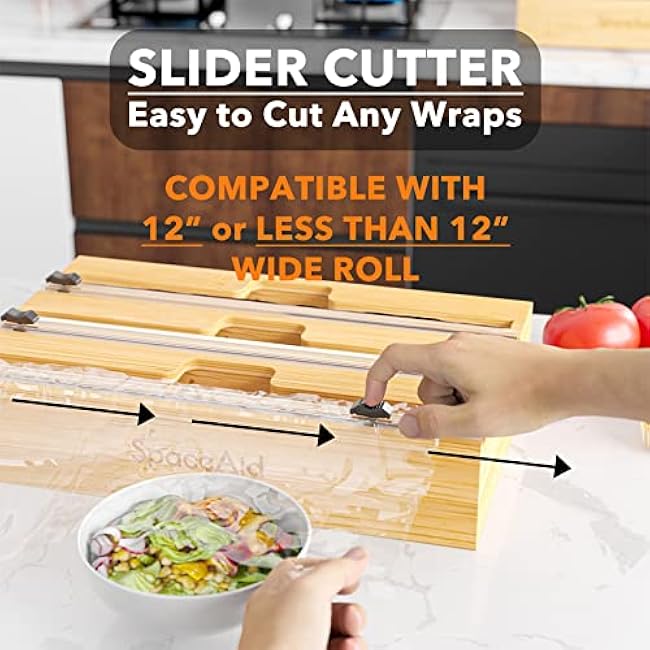 SpaceAid WrapNeat 3 in 1 Wrap Organizer with Cutter and Labels, Plastic Wrap, Aluminum Foil and Wax Bamboo Dispenser for Kitchen Storage Organization Holder for 12 Roll (Natural)