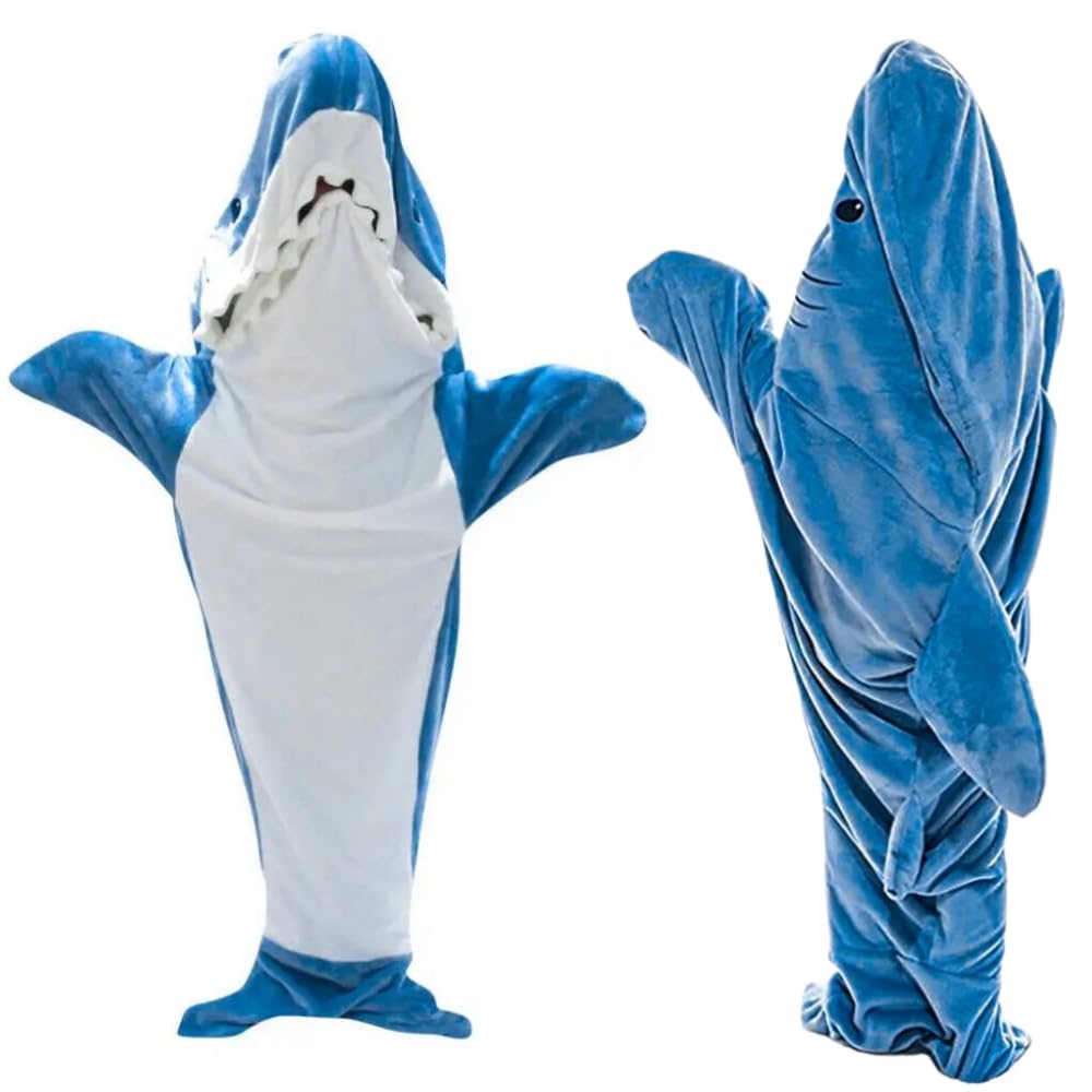 LIUWAZJ Shark Blanket Hoodie Onesie for Women Men, Adult Kid Cozy Wearable Blanket Sleeping Bag, Soft Shark Costume Pajamas, Halloween & Christmas Cosplay Costume (L (155-165cm)) Blue